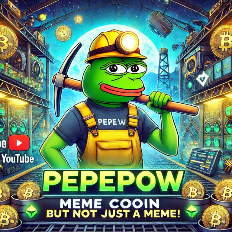 Create a YouTube banner for the PepePow cryptocurrency channel, featuring a green frog character similar to Pepe the Frog, wearing a yellow miner helm